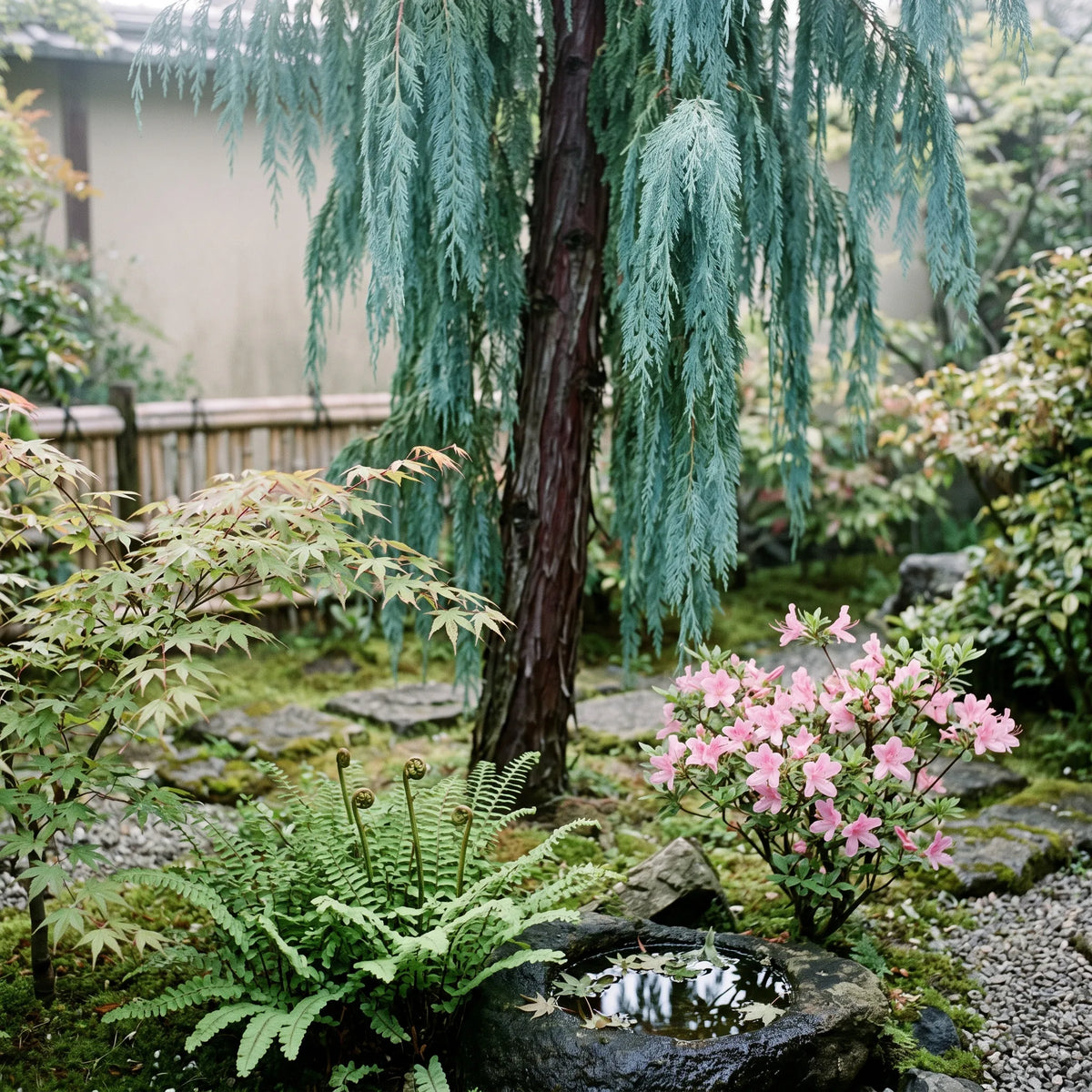 Cypres du Cachemire dans un jardin d inspiration asiatique avec erable du Japon, fougeres et azalee