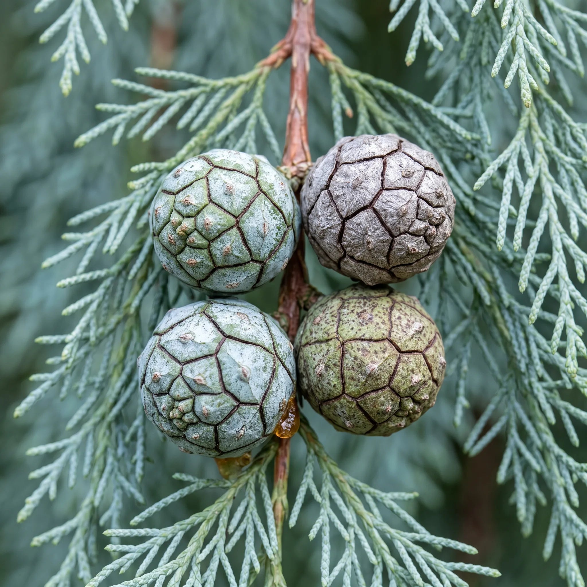 Cones spheriques du cypres du Cachemire, ecailles polygonales jointives a pointe centrale