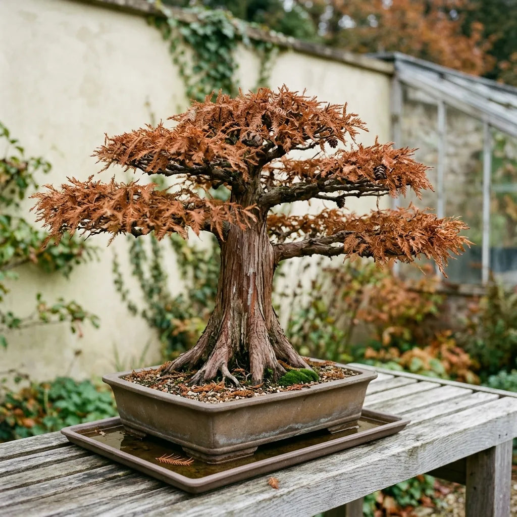 Bonsaï de cyprès de Louisiane en couleur d'automne sur un banc de jardin — SemiSauvage