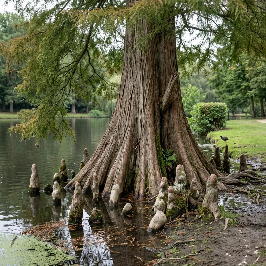Cyprès de Louisiane au bord d'un étang et ses pneumatophores — SemiSauvage