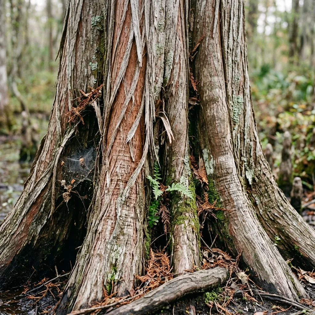 Écorce fibreuse et base contrefortée du cyprès de Louisiane — SemiSauvage
