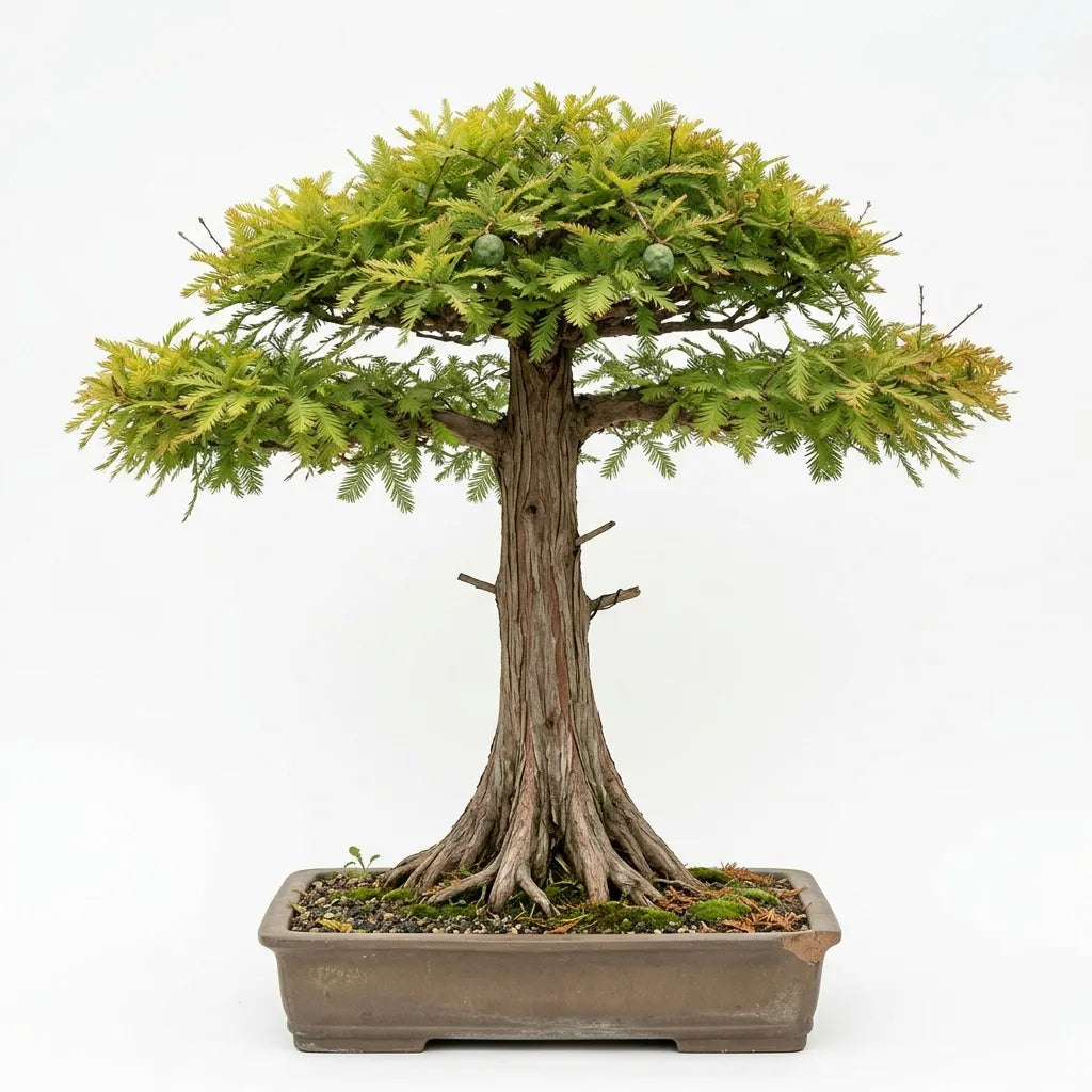 Bonsaï de cyprès de Louisiane (Taxodium distichum) en style flat top, sur fond blanc — SemiSauvage