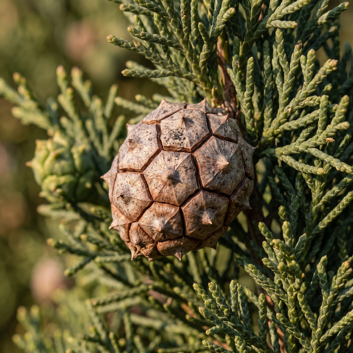 Macro d'un galbule mûr de cyprès d'Italie montrant la mosaïque d'écailles peltées polygonales à mucron central