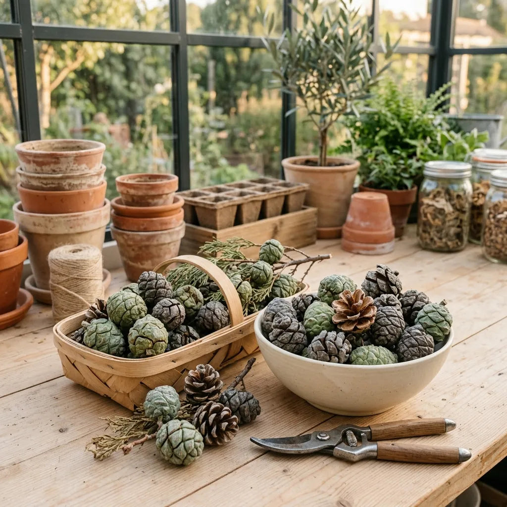 Récolte de galbules de cyprès d'Italie dans une coupe de céramique et une cagette, sur l'établi d'un atelier de jardin