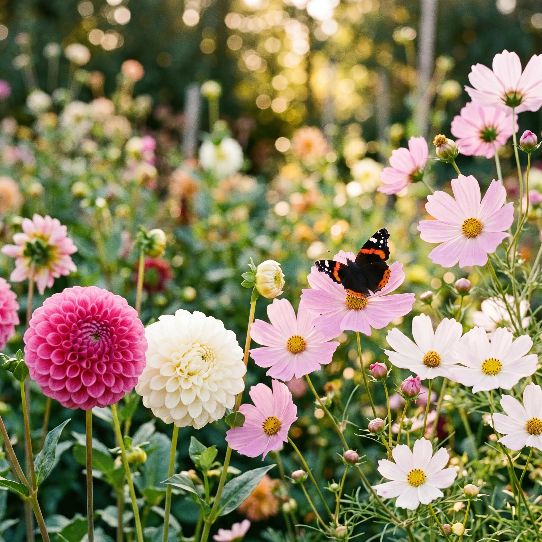 Dahlias pompons associés aux cosmos à cœur ouvert, visités par un vulcain