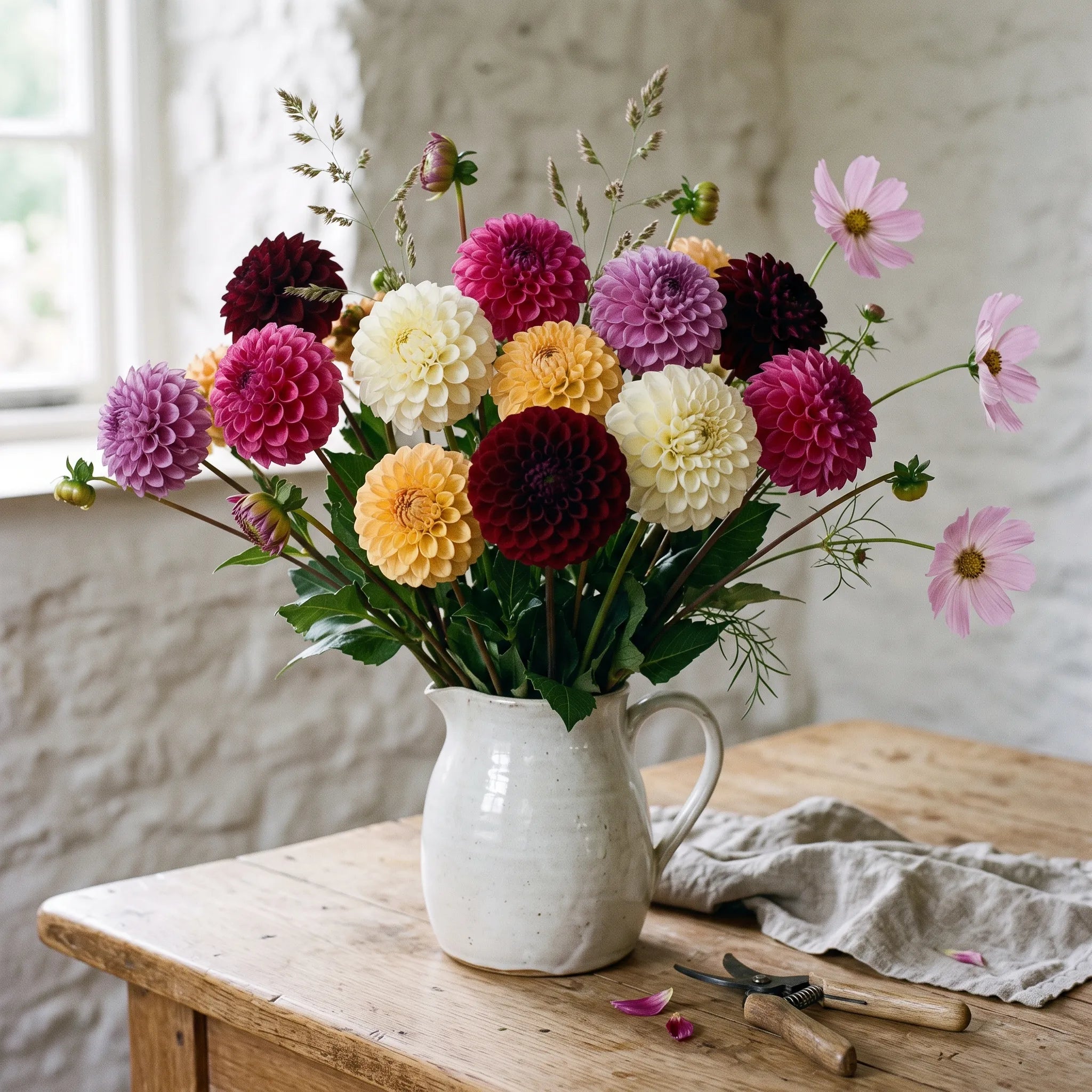Bouquet généreux de dahlias pompons en vase, excellente fleur à couper