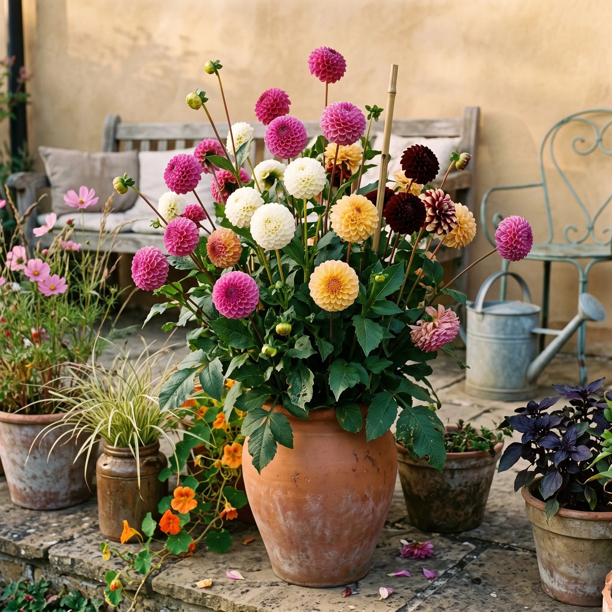 Dahlias pompons en grande potée sur une terrasse, en composition associée