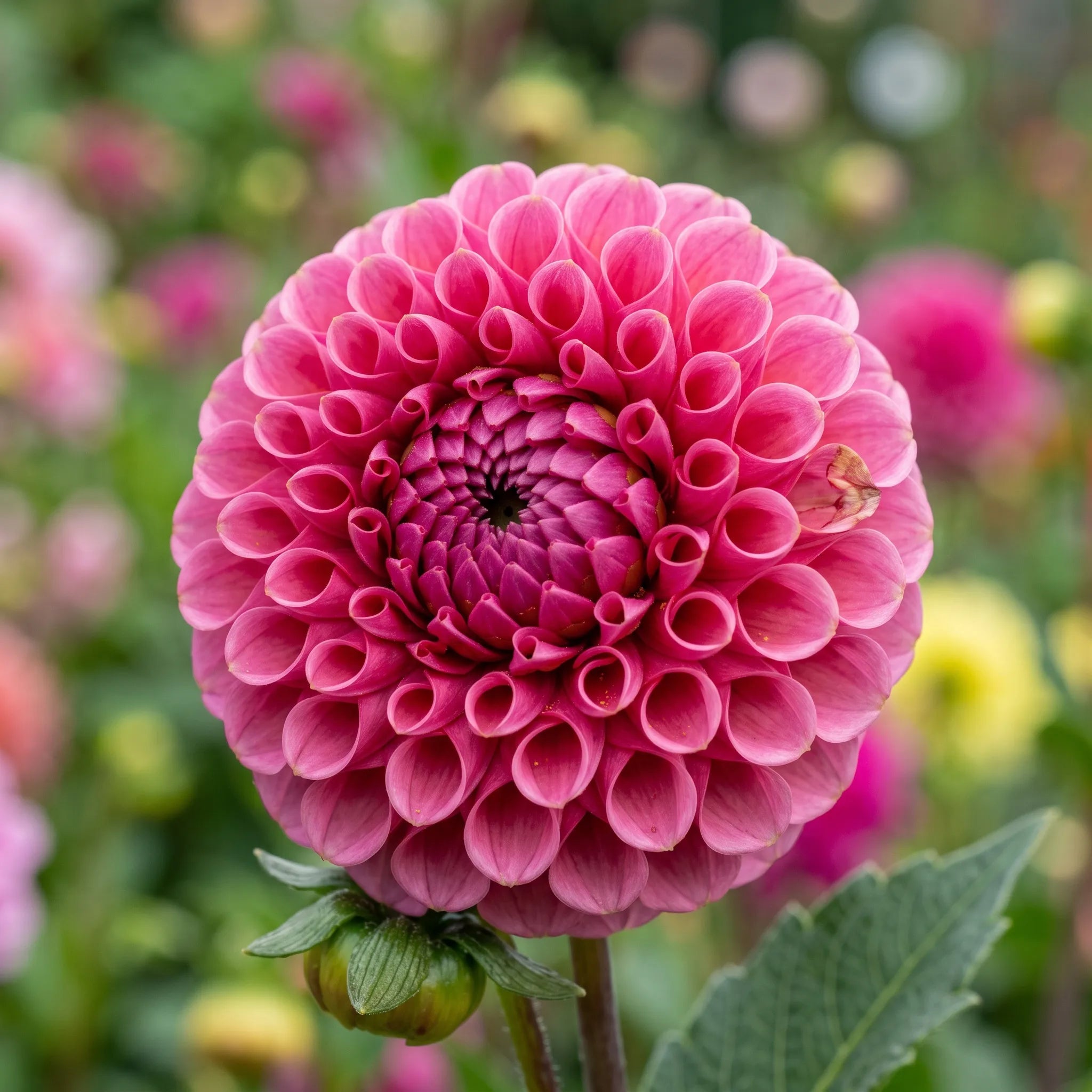Macro d'un dahlia pompon : pétales enroulés en cornet imbriqués en spirale