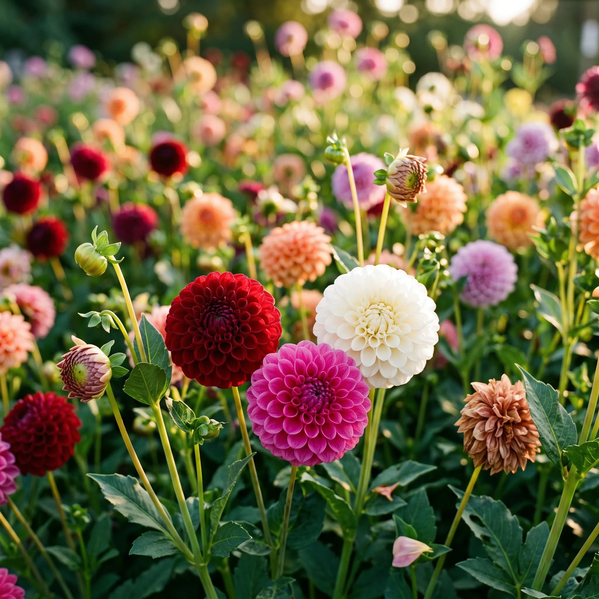 Massif de dahlias pompons en mélange de coloris — graines reproductibles SemiSauvage