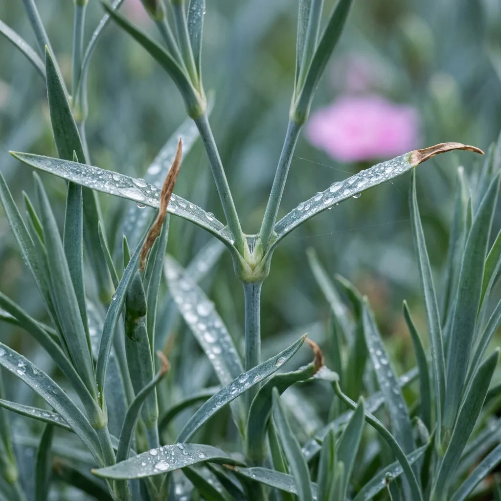 Nœuds renflés et feuilles opposées glauques de Dianthus chinensis, détail botanique — SemiSauvage