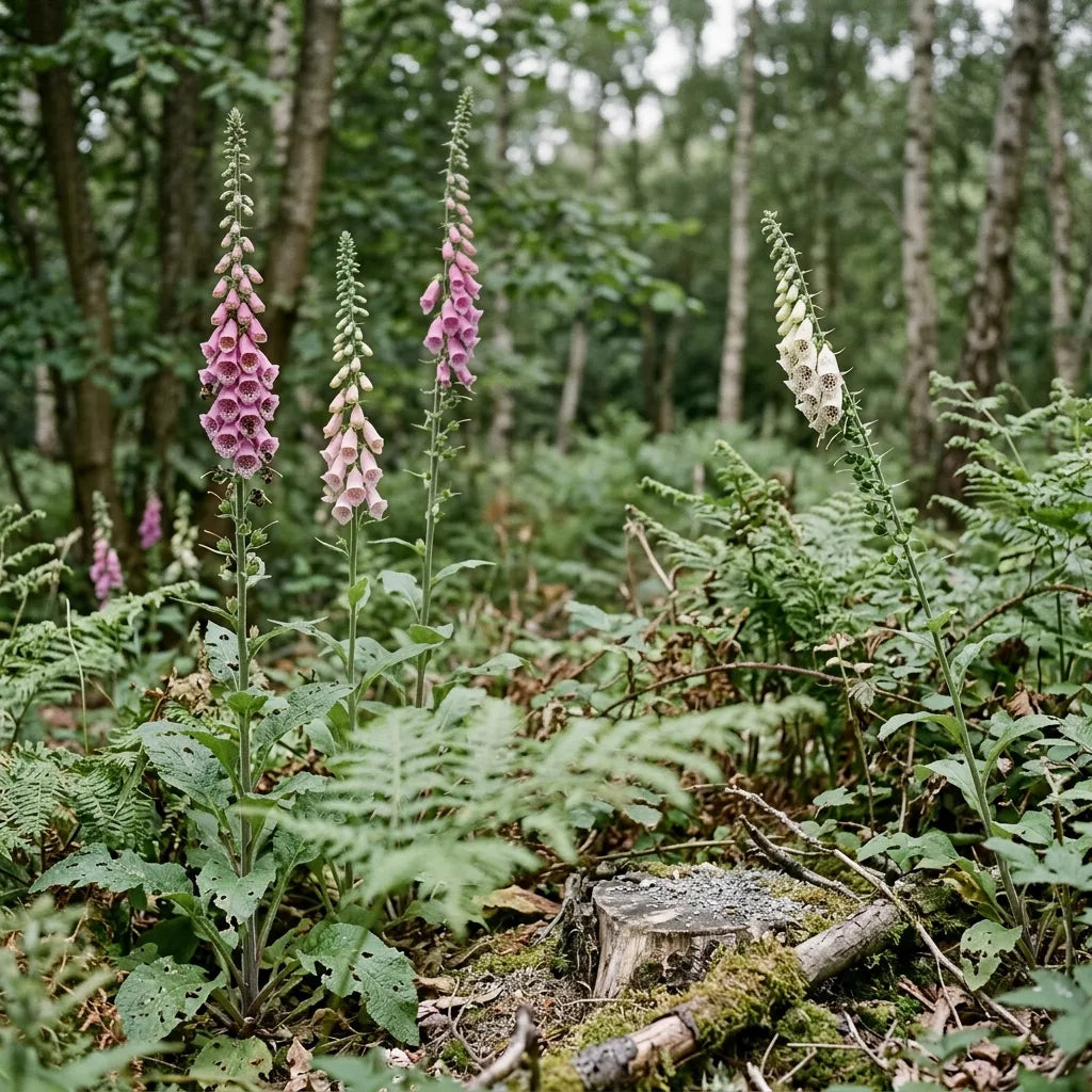 Digitales pourpres sauvages dans une clairière de sous-bois — SemiSauvage
