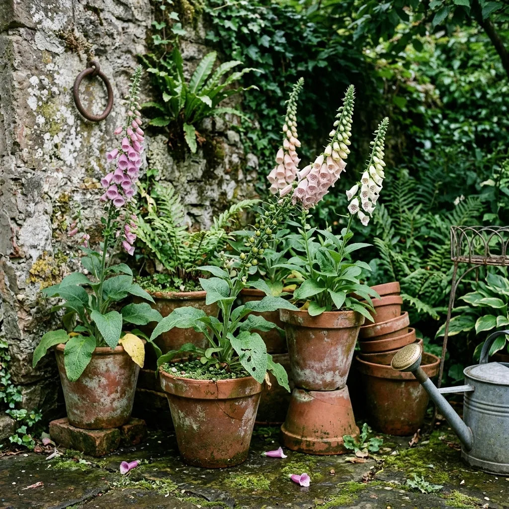 Digitales cultivées en pots de terre cuite dans un coin ombragé — SemiSauvage