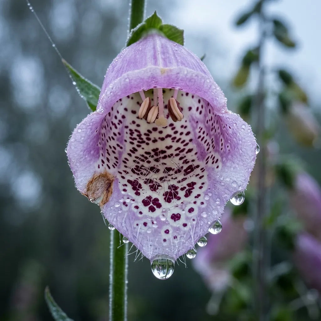 Macro d'une fleur de digitale à gorge tachetée, couverte de rosée — SemiSauvage