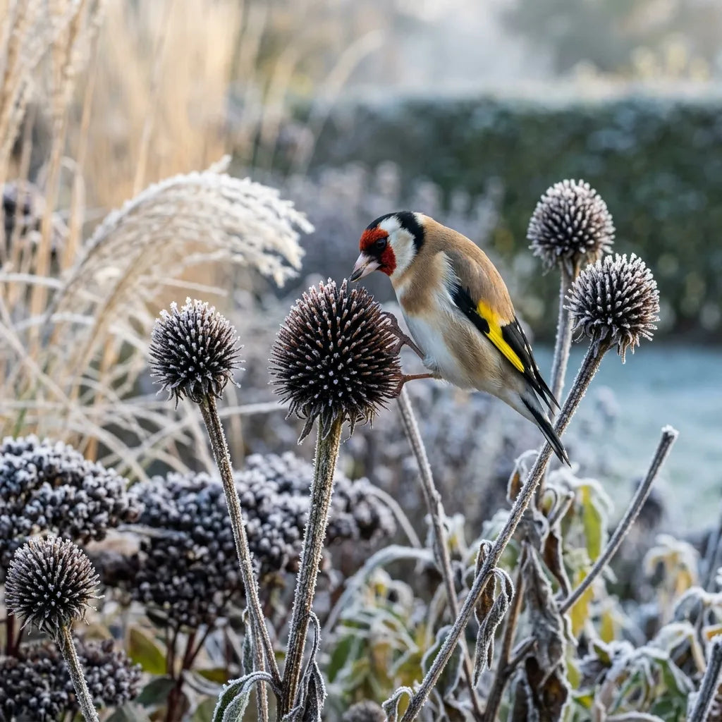 Chardonneret sur les cônes givrés d'échinacée pourpre (Echinacea purpurea) en hiver — SemiSauvage