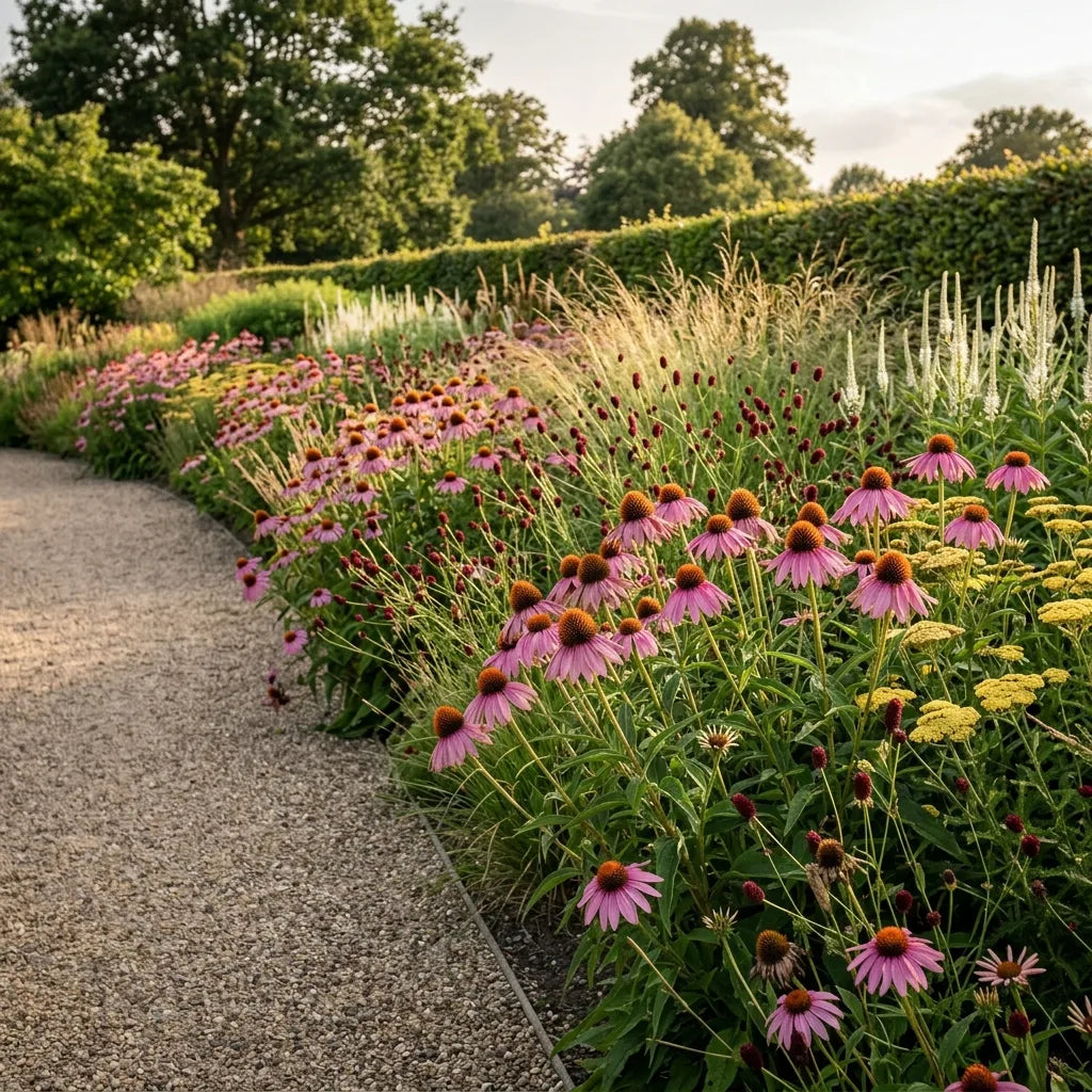 Échinacée pourpre (Echinacea purpurea) en massif de vivaces et graminées — SemiSauvage
