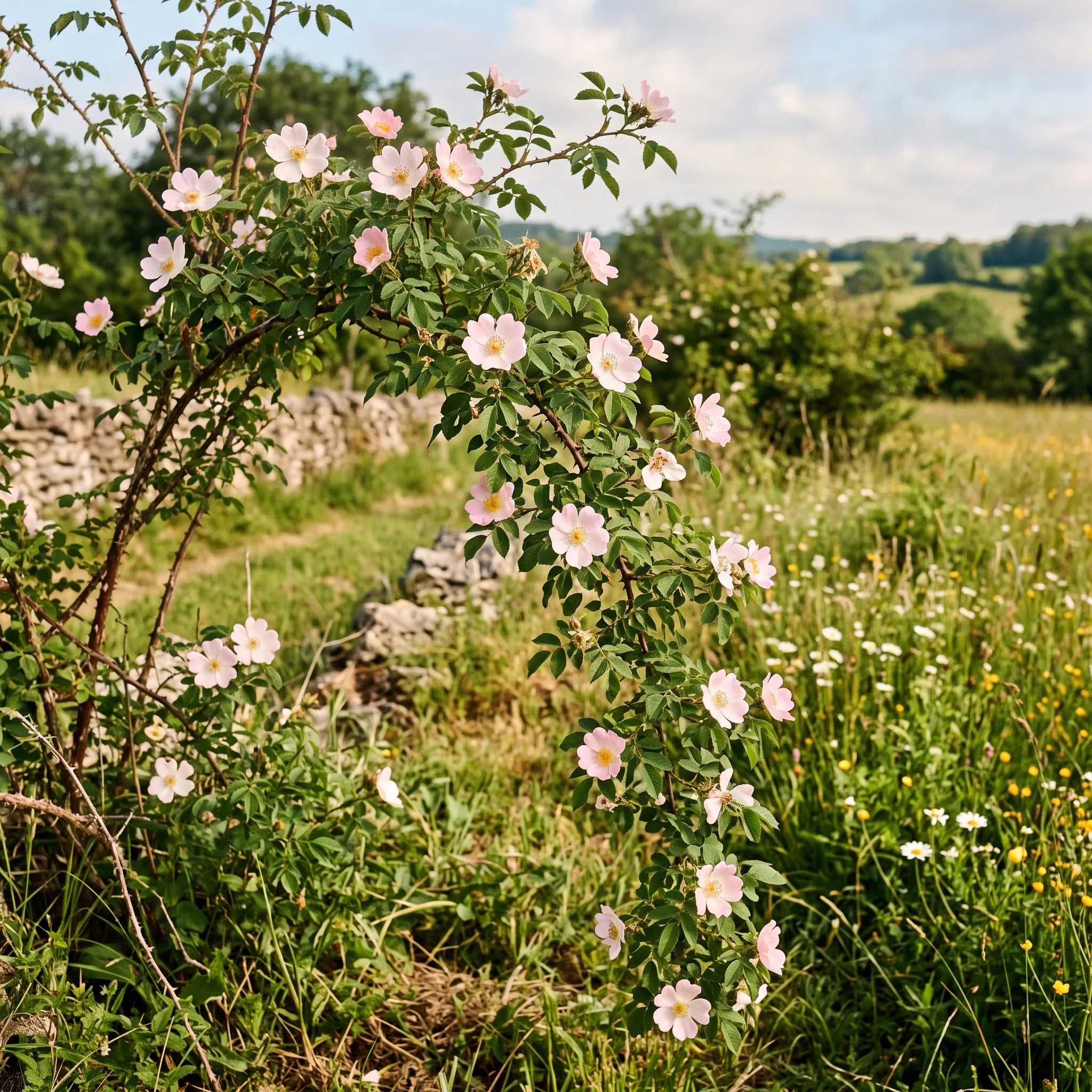 Églantier sauvage en fleurs au port arqué en lisière de prairie — SemiSauvage