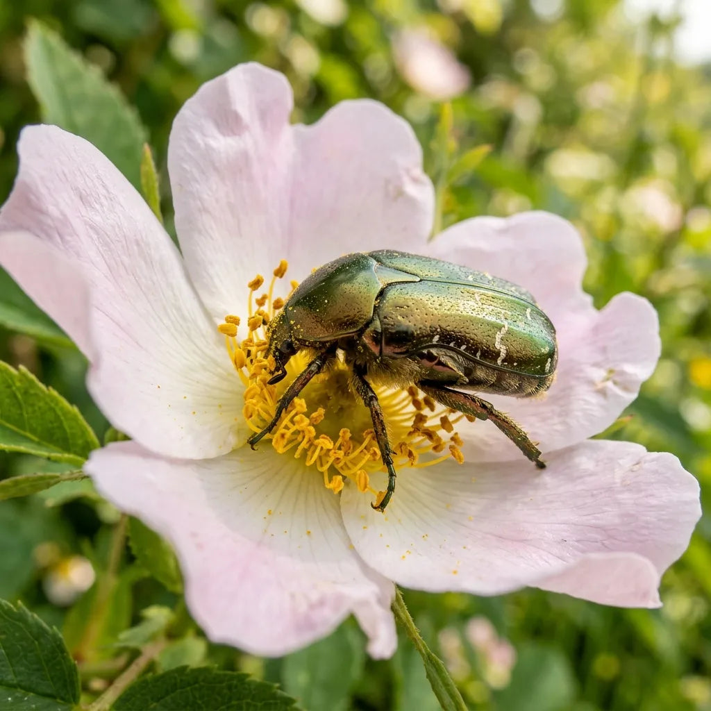 Cétoine dorée au cœur d'une fleur d'églantier — SemiSauvage