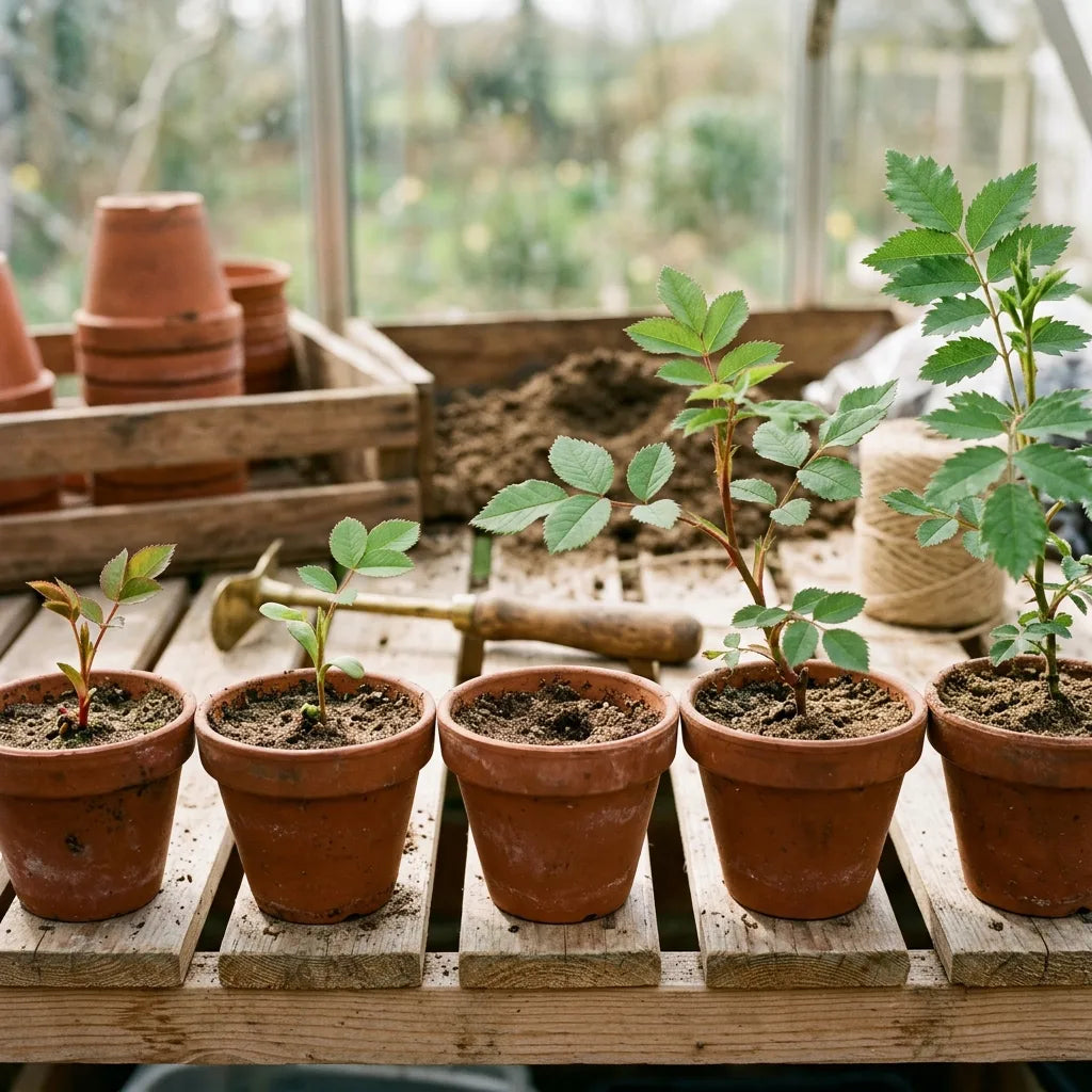 Jeunes plants d'églantier en godets de terre cuite sous châssis — SemiSauvage