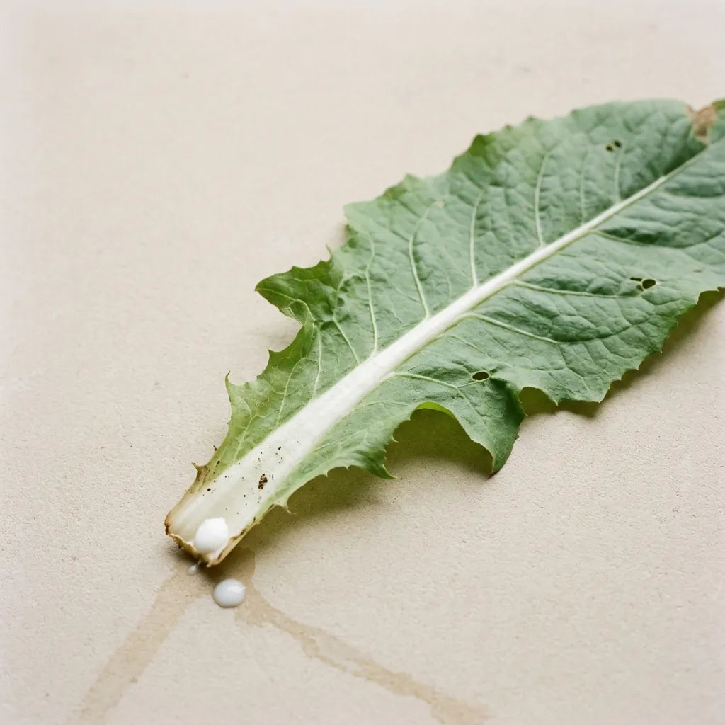 Feuille de chicorée-endive : marge sinuée-dentée, nervure médiane blanche et charnue, latex blanc perlant à la coupe — SemiSauvage