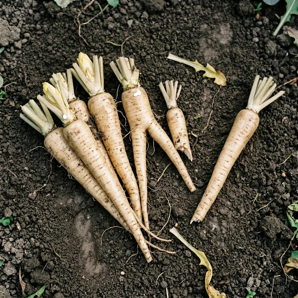 Étape 1 du forçage : racines d'endive arrachées et parées, feuillage coupé à deux centimètres du collet — SemiSauvage
