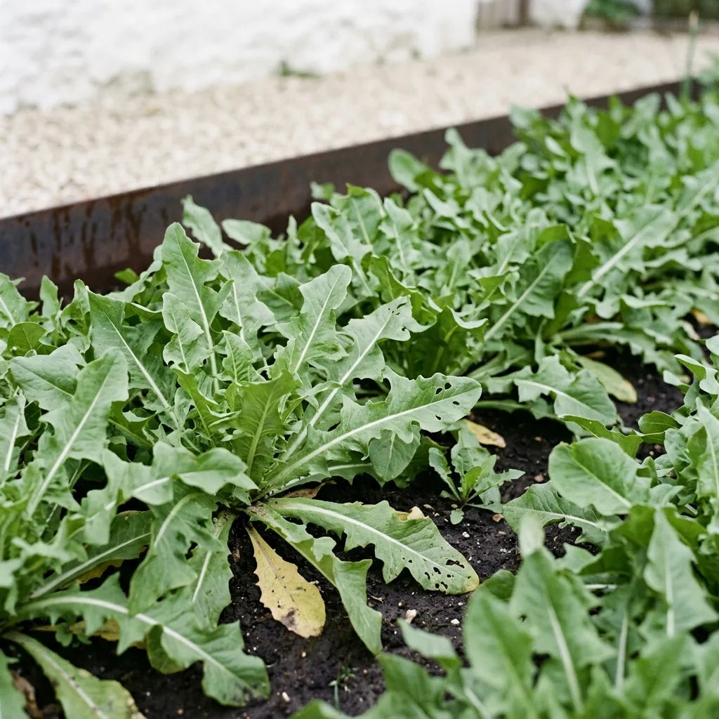 Rang d'endives en première année au potager : rosettes de feuilles dentées à large nervure blanche — SemiSauvage