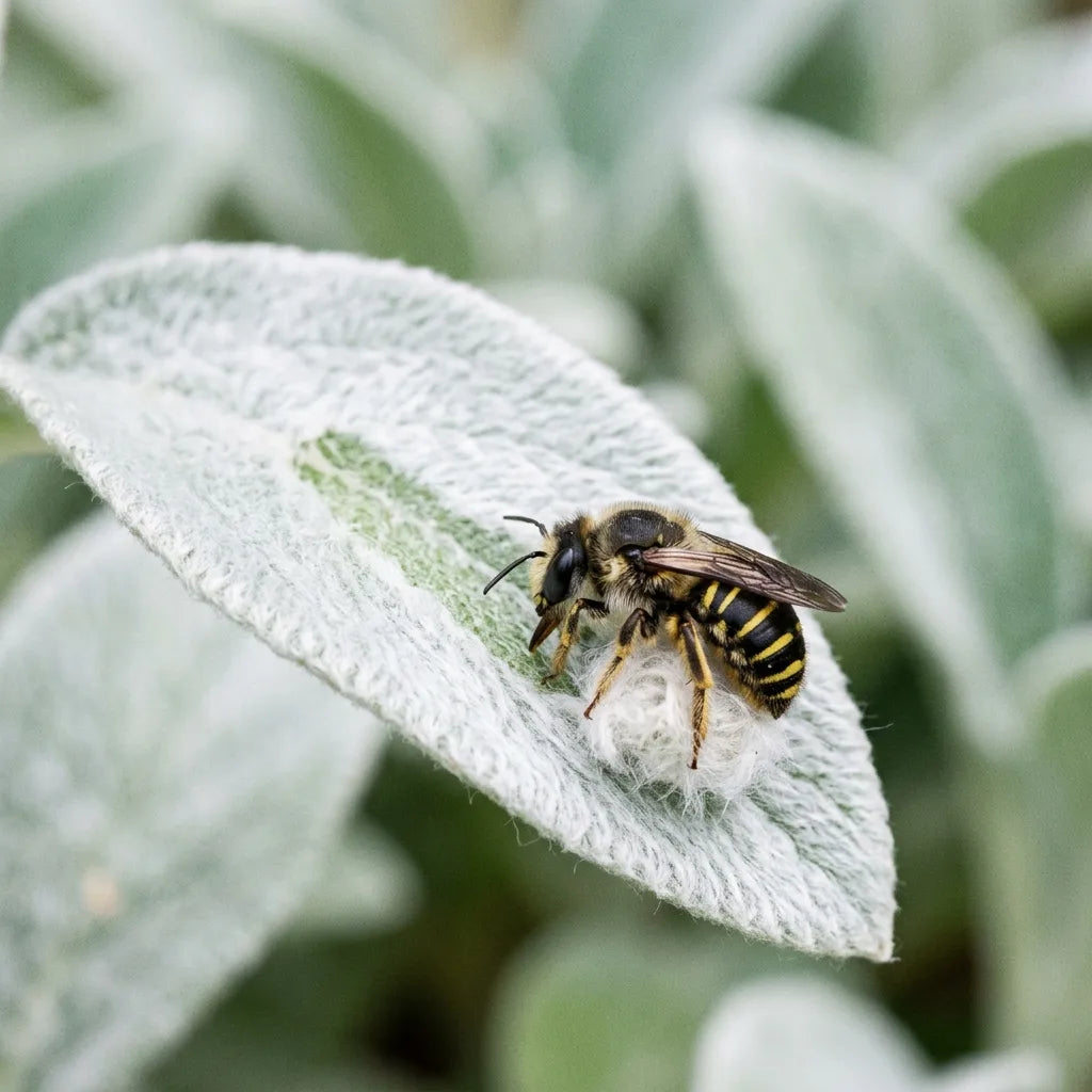 Anthidie à manchettes râclant le duvet d'une feuille d'épiaire pour tapisser son nid — SemiSauvage