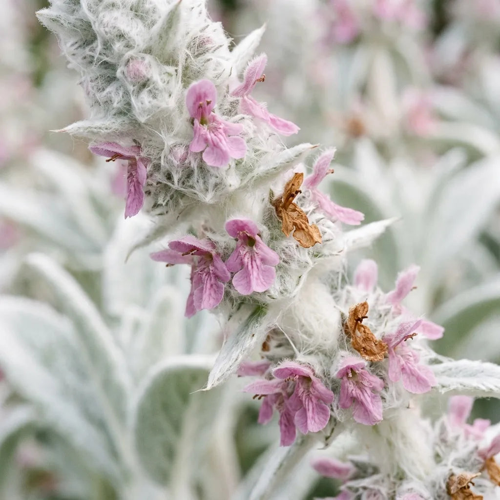 Épi floral de l'épiaire : petites fleurs bilabiées rose-mauve émergeant de la laine blanche — SemiSauvage