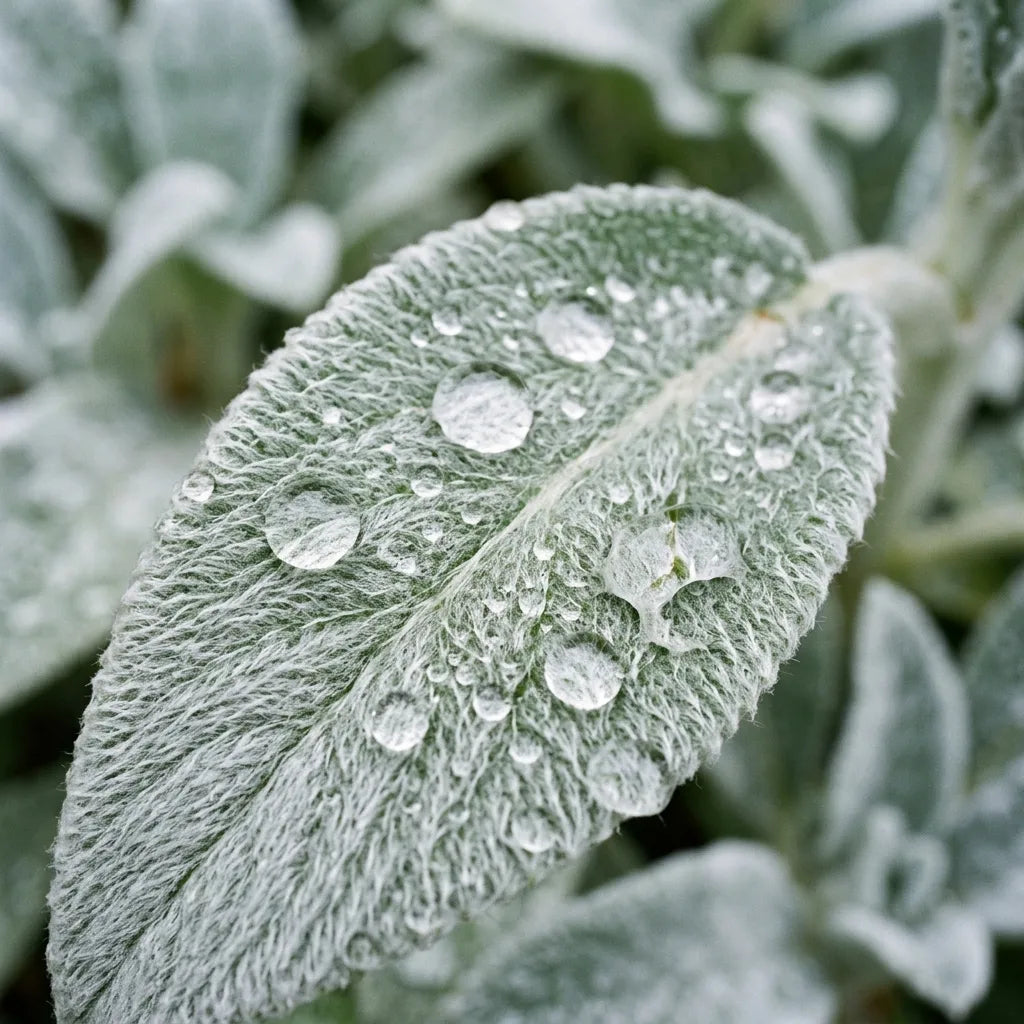 Gouttes de pluie en équilibre sur le duvet d'une feuille d'épiaire, sans mouiller le limbe — SemiSauvage
