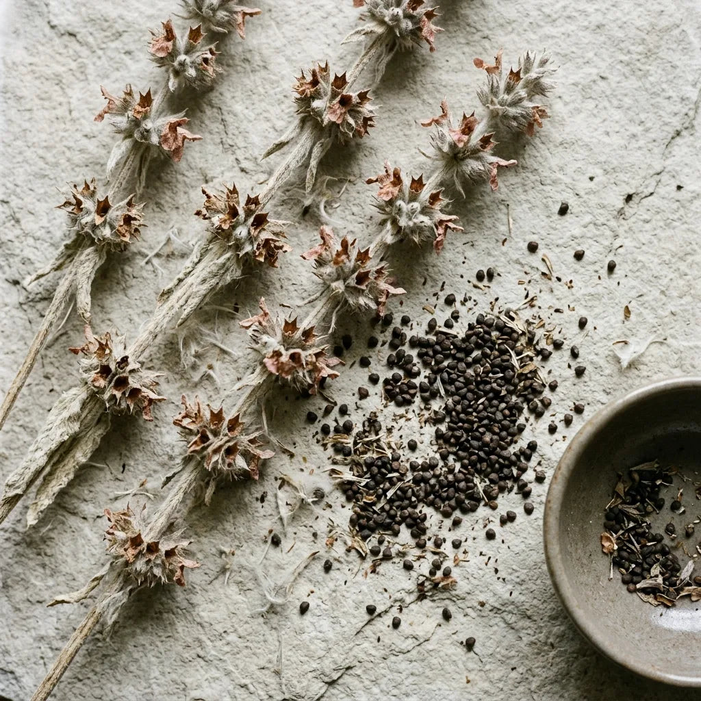 Récolte de graines d'épiaire : épis secs à calices bruns et nucules brun sombre — SemiSauvage