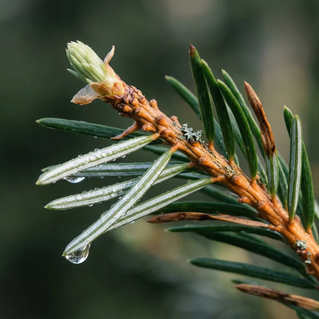 Aiguilles d'épicéa du Japon (Picea jezoensis) couvertes de rosée, revers argenté visible — SemiSauvage