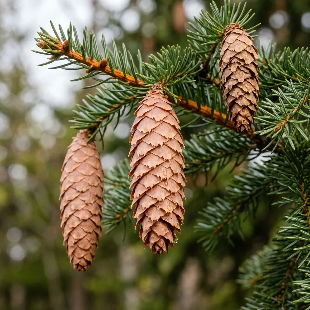 Cônes pendants d'épicéa du Japon (Picea jezoensis) sur l'arbre — SemiSauvage