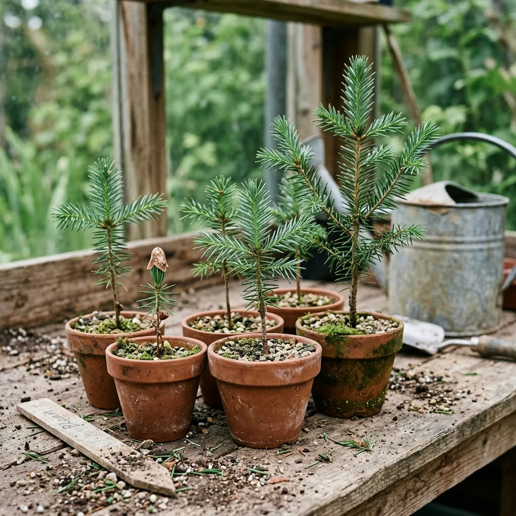 Jeunes semis d'épicéa du Japon (Picea jezoensis) en godets de terre cuite — SemiSauvage