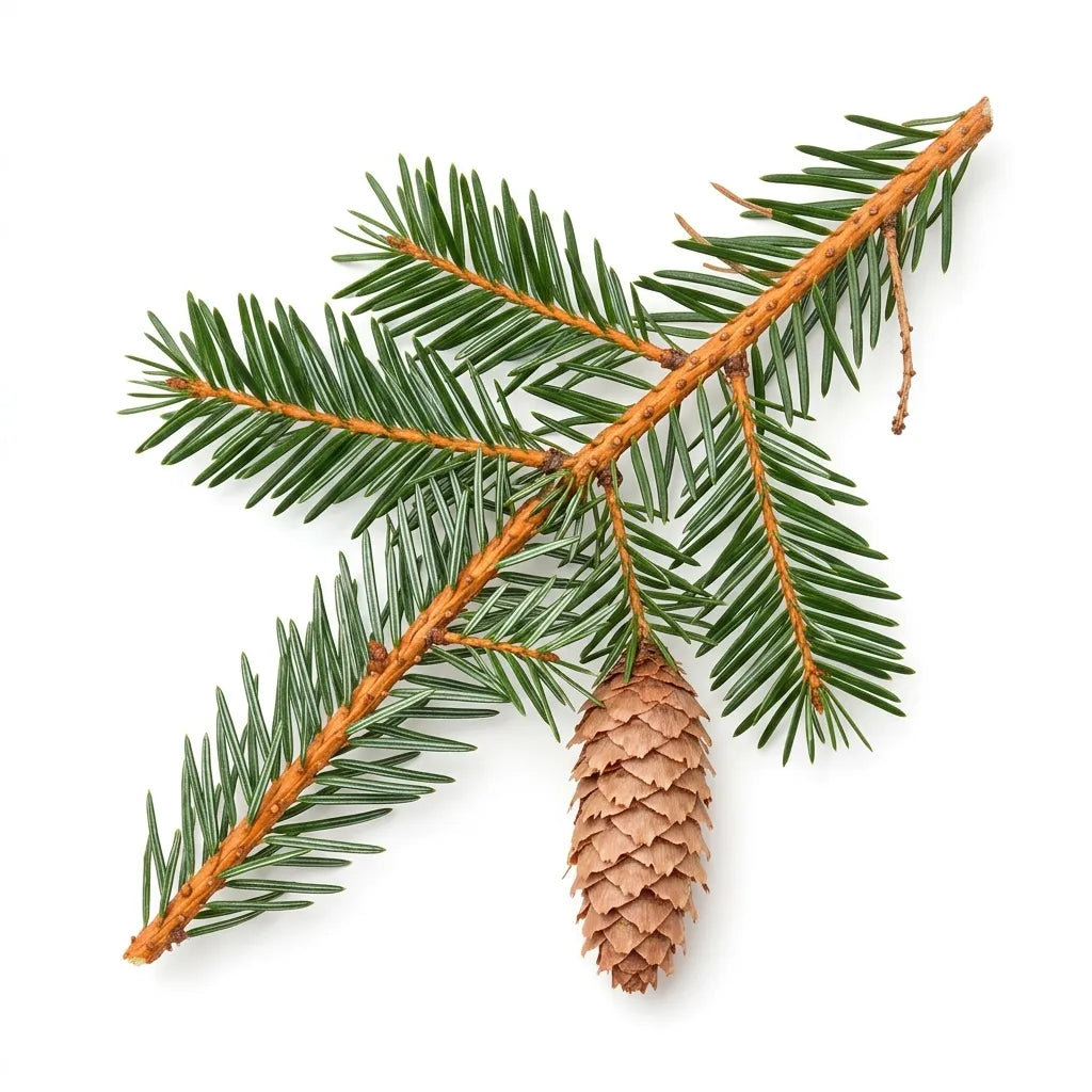 Rameau et cône d'épicéa du Japon (Picea jezoensis) sur fond blanc — SemiSauvage