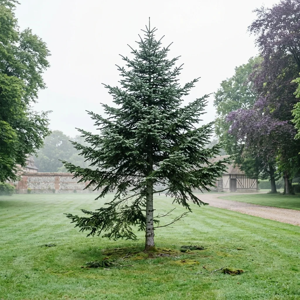 Épicéa du Japon (Picea jezoensis) en sujet isolé dans un jardin d'ornement — SemiSauvage