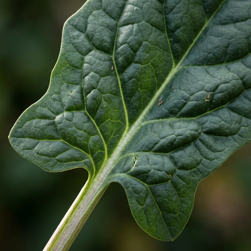 Macro d'une feuille d'épinard Matador : limbe gaufré et pétiole rosé — SemiSauvage