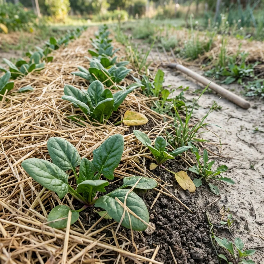 Paillage du rang d'épinards pour garder le sol frais — SemiSauvage