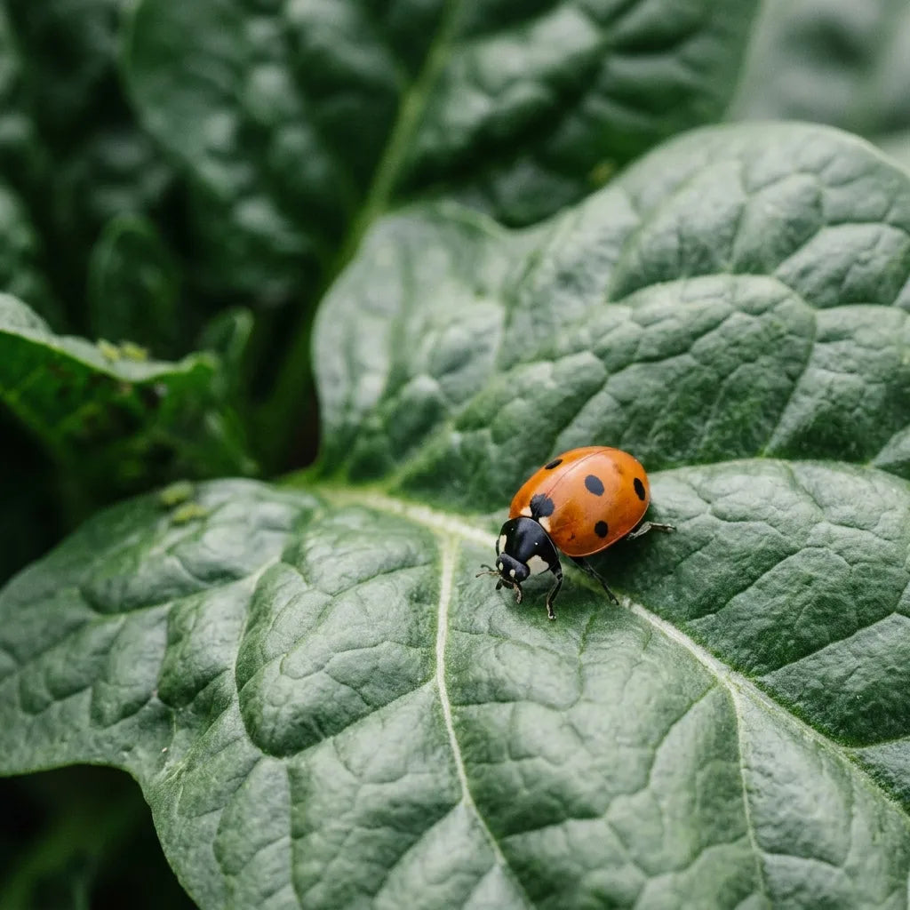Coccinelle à sept points sur une feuille d'épinard, auxiliaire du potager — SemiSauvage
