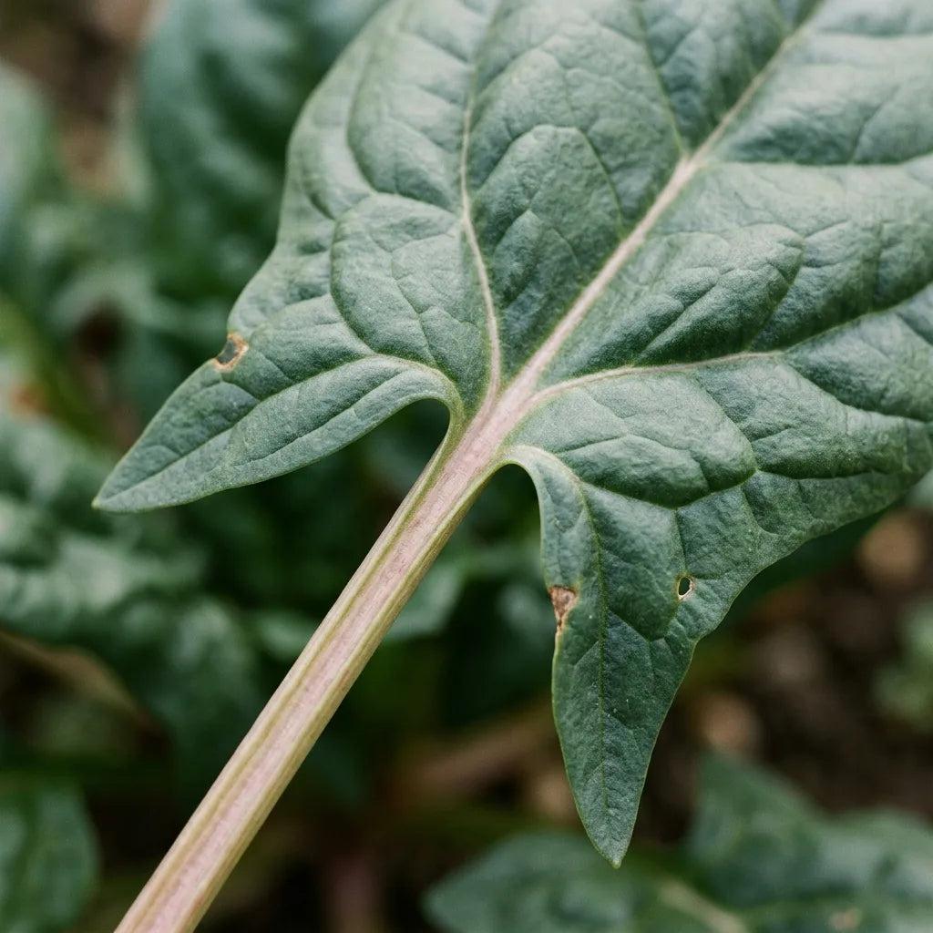 Macro de la base hastée d'une feuille d'épinard et de son pétiole lavé de rose — SemiSauvage