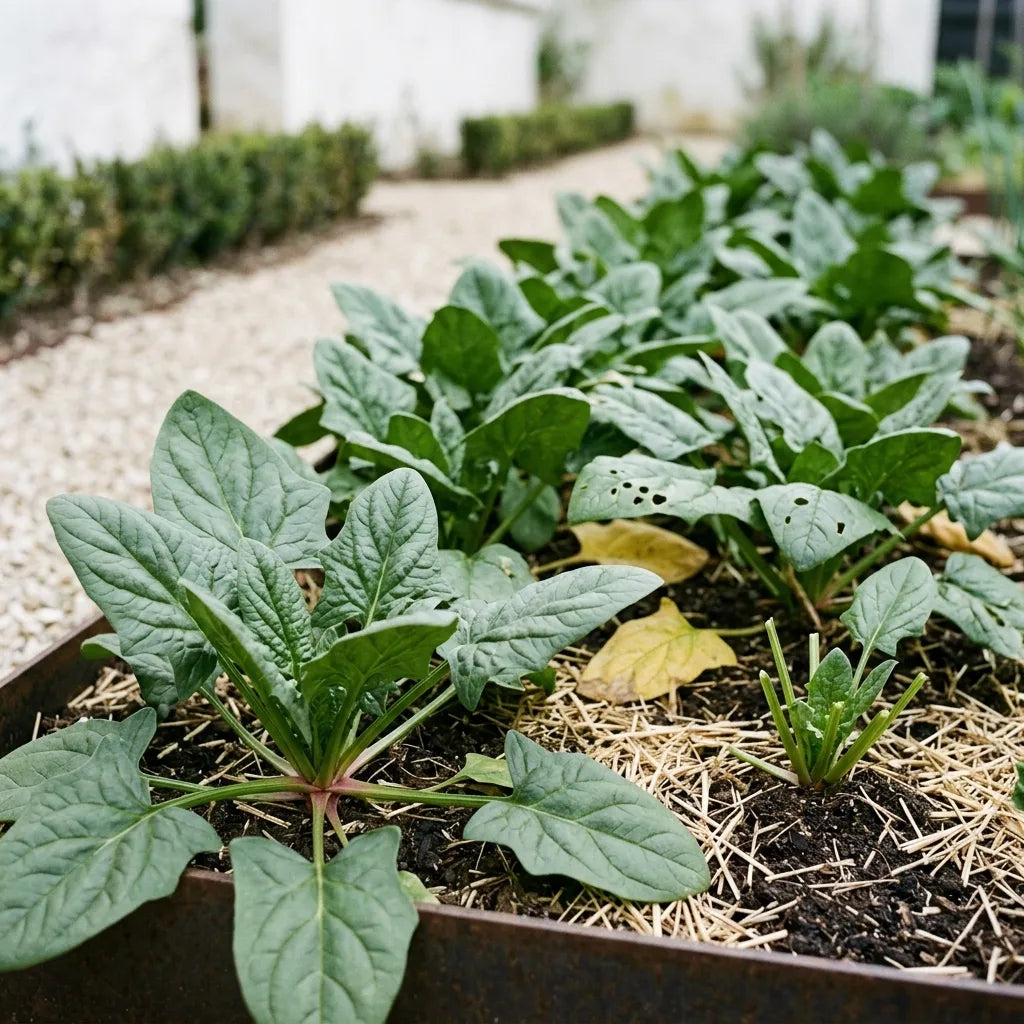 Planche d'épinards Monstrueux de Viroflay en production, rosettes larges et sol paillé — SemiSauvage