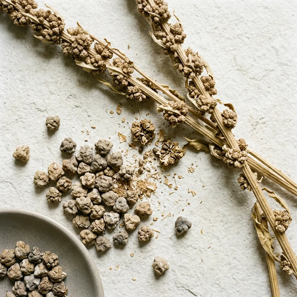Récolte de graines d'épinard : hampes femelles sèches et glomérules bosselés — SemiSauvage