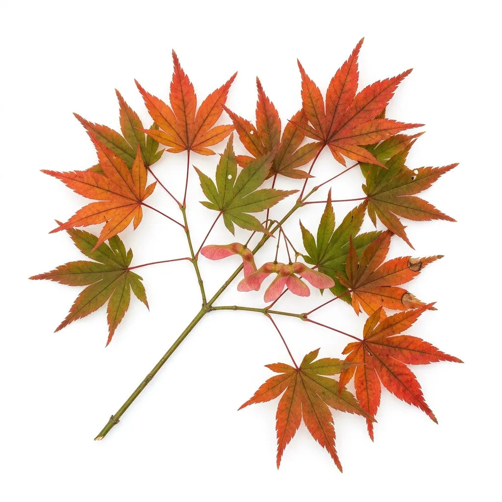 Rameau d'érable du Japon (Acer palmatum) en couleurs d'automne avec samares, sur fond blanc — SemiSauvage