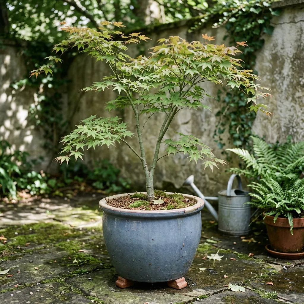 Jeune érable du Japon (Acer palmatum) cultivé en grand pot sur une terrasse ombragée — SemiSauvage