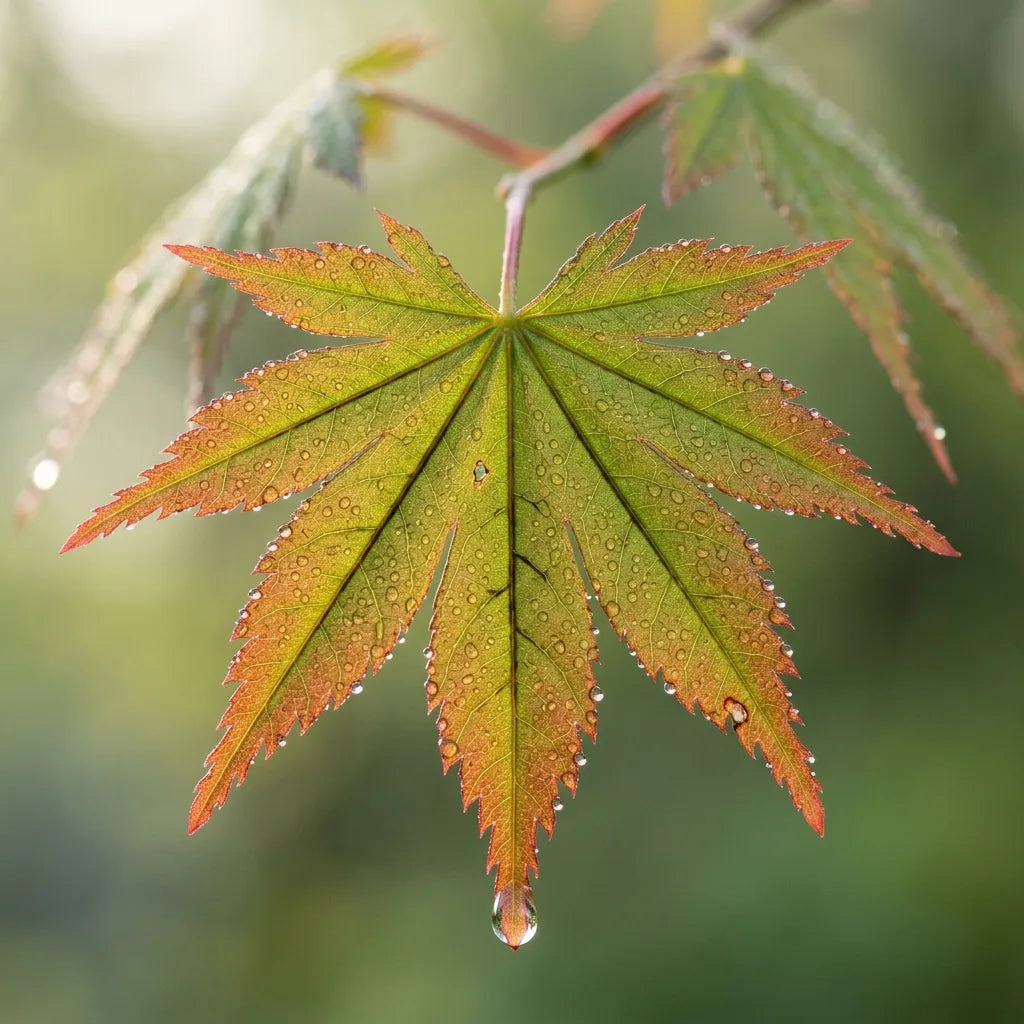 Feuille palmée d'érable du Japon (Acer palmatum) couverte de rosée — SemiSauvage