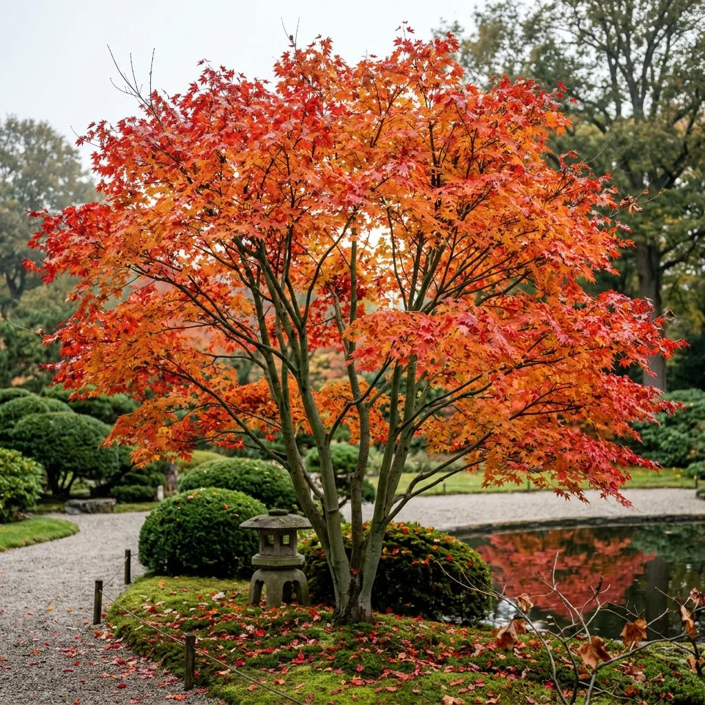 Érable du Japon (Acer palmatum) en sujet isolé dans un jardin d'ornement en automne — SemiSauvage