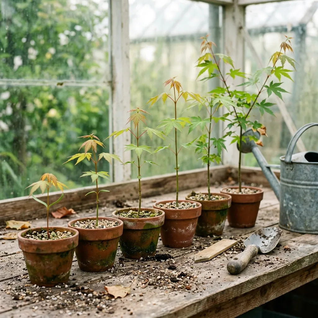 Jeunes semis d'érable du Japon (Acer palmatum) en godets de terre cuite — SemiSauvage
