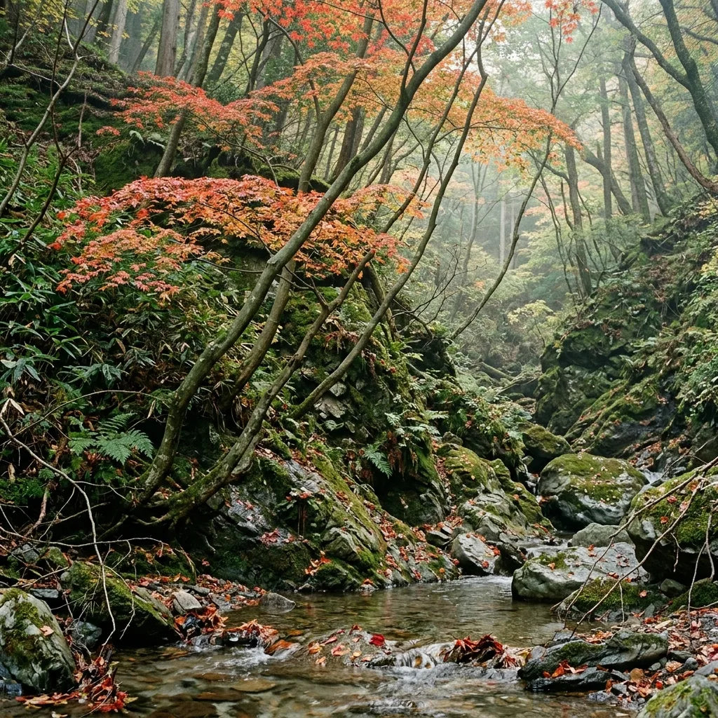 Érables du Japon (Acer palmatum) sauvages dans un ravin forestier au Japon — SemiSauvage