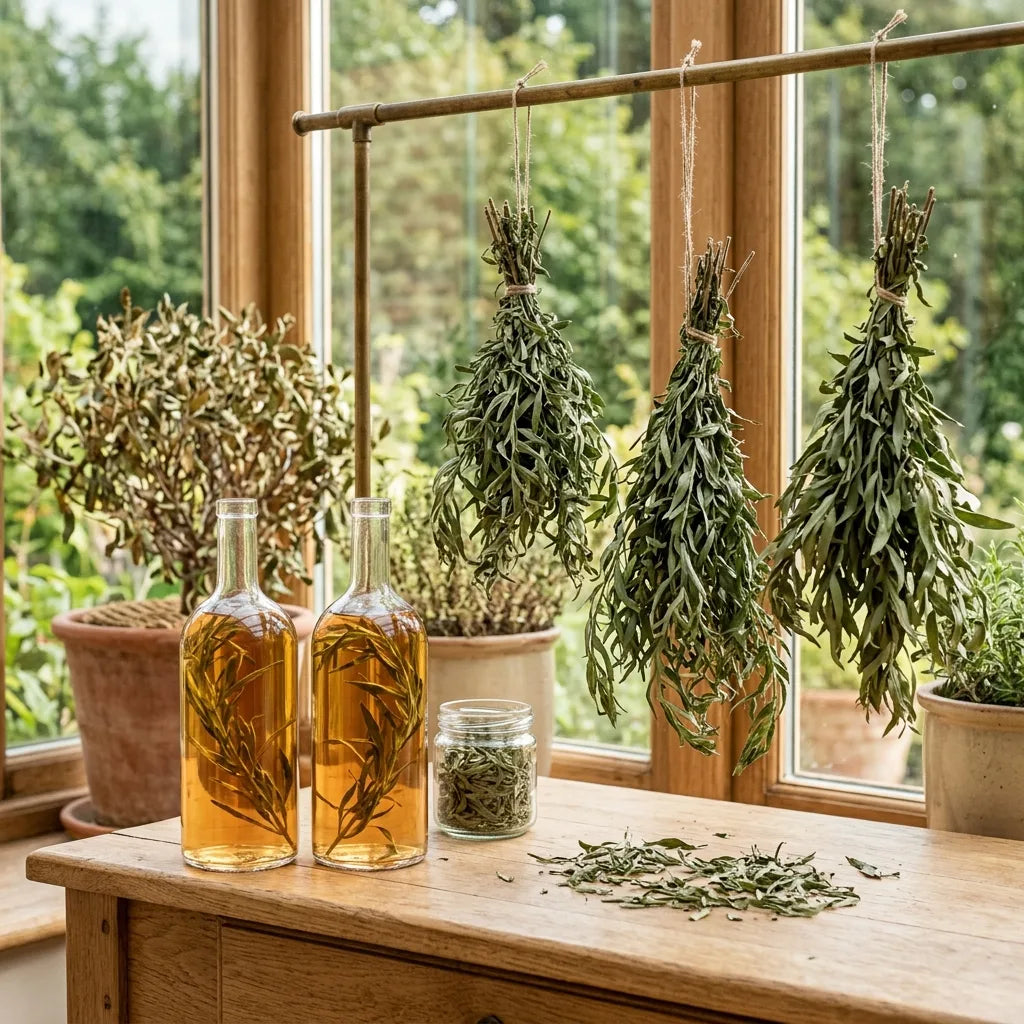 Conservation de l'estragon : vinaigre aromatisé en bouteille et bottes en cours de séchage