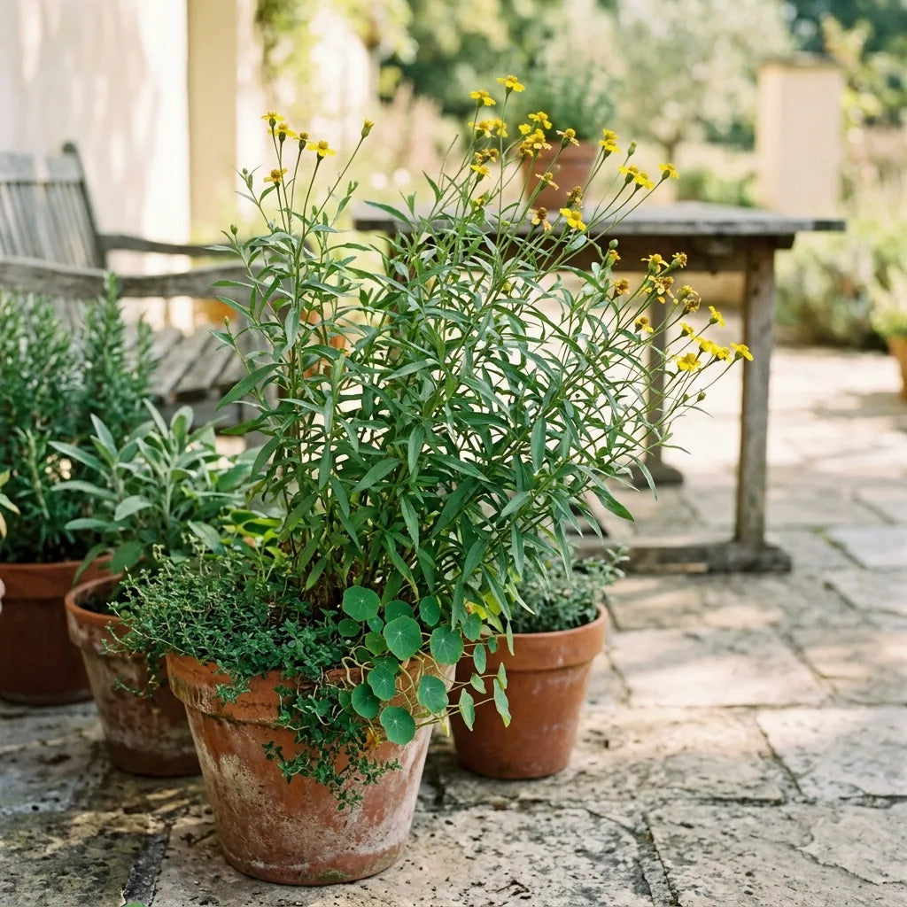 Estragon mexicain cultivé en pot de terre cuite sur une terrasse — SemiSauvage