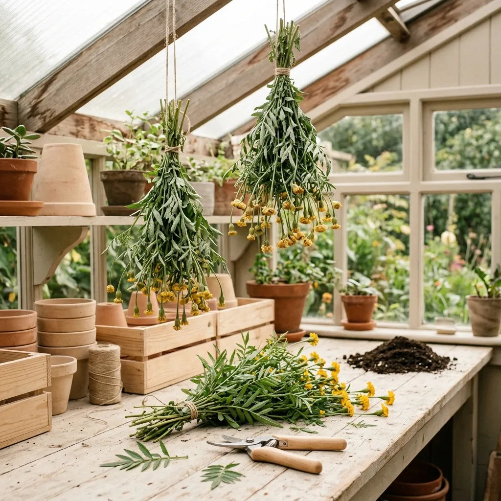 Bottes d'estragon mexicain suspendues à sécher dans un atelier de jardin — SemiSauvage