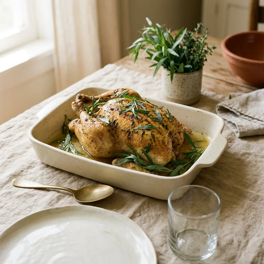 Poulet rôti à l'estragon dans un plat en céramique artisanale crème